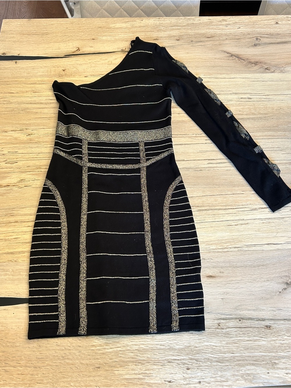 2B Bebe Black One-Shoulder Dress with Gold Metallic Accents